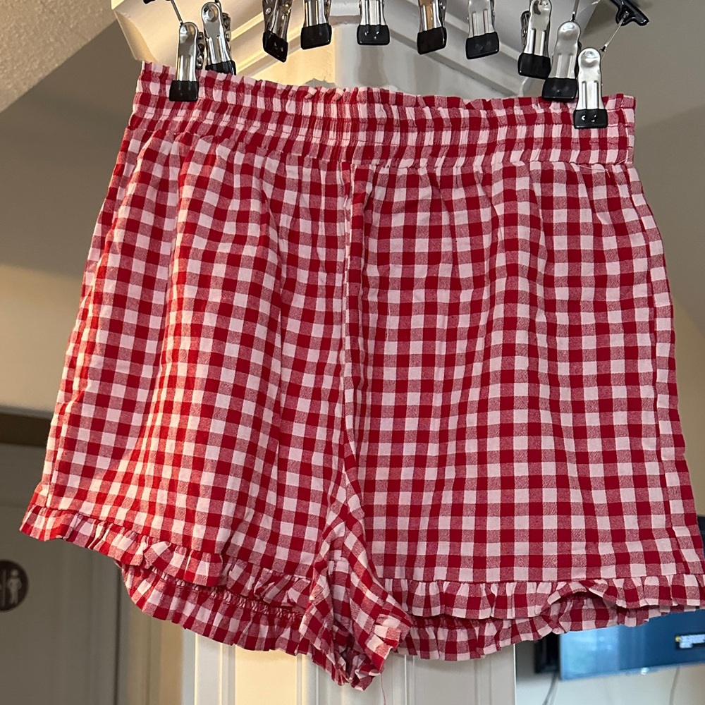 Women's Red Gingham Ruffle Hem Shorts